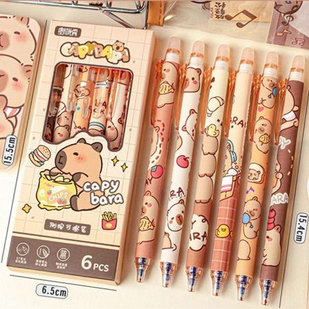 6 шт., стираемая ручка Kawaii Capybara, эстетическая гелевая ручка 0,5 мм, INS, милая ручка для письма, канцелярские товары 6PCS/Box