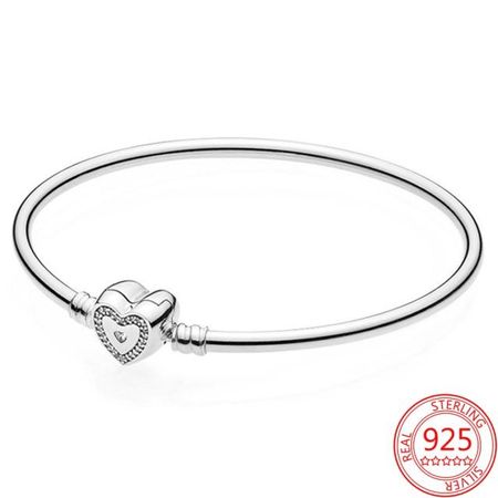 Распродажа 925 пробы стерлингового серебра Pan Moment Simple Heart застежка жесткий браслет с подвесками модные ювелирные изделия 18cm