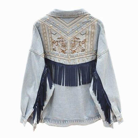 Джинсовая куртка-бомбер с цветочной вышивкой, замшевая бахрома, свободное пальто, верхняя одежда с длинными рукавами, женская куртка L светло-синий