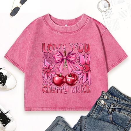 Принт Love You Cherry Much Выстиранная Укороченная Футболка Женская Летняя Мягкая Футболка Повседневная Приталенная Одежда с Коротким Рукавом M