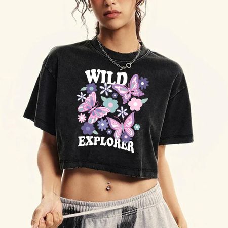 Женские футболки с принтами бабочек и цветов Wild Explorer, выстиранные, спортивные хлопковые футболки с коротким рукавом и круглым вырезом, укороченная футболка M