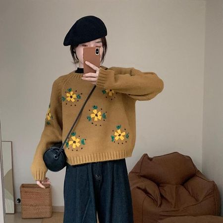 Вязаный пуловер с 3D-вышивкой в стиле ретро, осень/зима 2023 - Женский трикотажный топ свободного кроя, стройнящий фигуру. One Size жёлтый