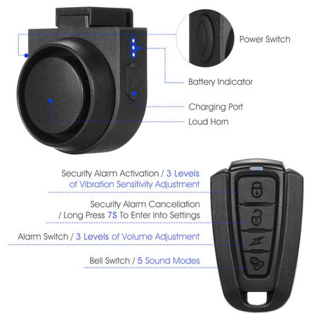 Wireless Bike Horn 115dB Loud Bicycle Anti theft Horn IPX5 Bicycle Alarm Bell with 5 Sound Modes 3 Vibration чёрный