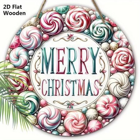 Розовая Рождественская Деревянная Табличка - Круглая Табличка Merry Christmas для Входной Двери, Настенный Декор - Идеальное Рождественское Украшение 20cm/7.87in