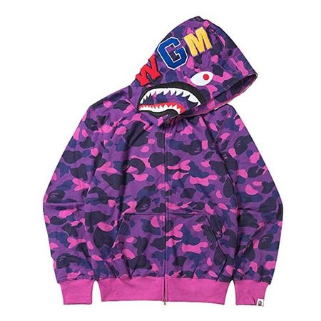 Женская Bape Мужская Толстовка на молнии с принтом акулы Уличная мода Purple,M