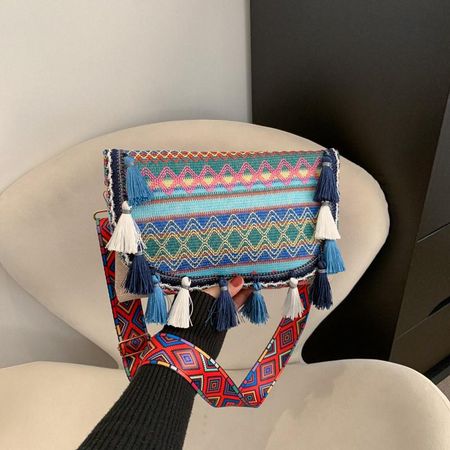 Сумка на одно плечо под мышку с кисточкой и волнистым узором, этнический стиль, женская, подарок, мода синий