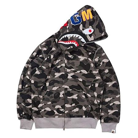 Женская Bape Мужская Толстовка на молнии с принтом акулы Уличная мода Black,M