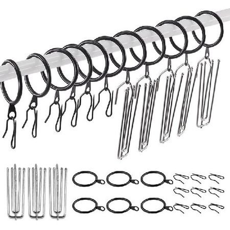 Swpeet 120Pcs Black 1.35 Inch - 30mm Metal Drapery Curtain Rings Curtain Hanging Rings and Stainless Steel 4 Prongs Pinch Pleat Hook with Drapery