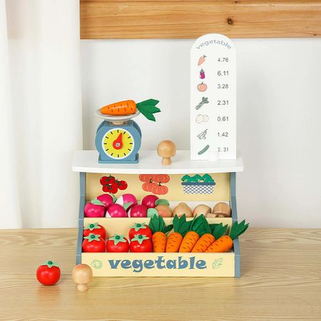 Robotime Robud Pretend Play Vegetable Market Playset 24 PCS Wooden Vegetables with Market Stand for Kids 3+ Ideal Gift