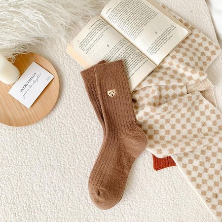 Fleece-Lined Wool Socks Embroidery Bear Indoor Floor Socks New Winter Socks  for Women
