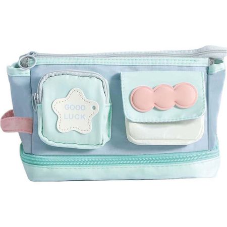 Multilayer Korean Pencil Case Desktop Storage Ins Pencil Pouch Y2K Star Stationery Bag  Student зелёный/синий