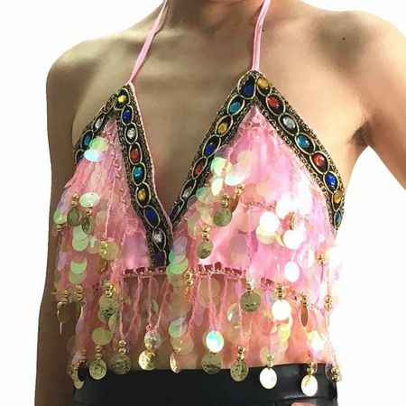 Tassel Sequin Nightclub Show Costumes Belly Dance Bra Halter Bra Performance Top розовый