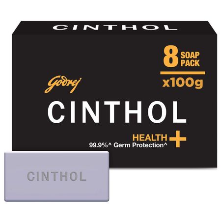 Мыло для ванны Cinthol Health+ - 100 г (Пакет из 8) | 99,9% защита от микробов и мгновенный аромат Deo