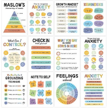 12Pcs Mental Health Posters, Therapy Office Decor, Counseling Office Must Haves School Counselor Supplies, Mental Health Wall Art Decor Home Office 02