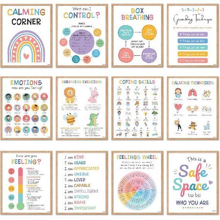 BEAWART 9 Calming Corner Classroom Posters, Mental Health Posters Therapy Office Decor ,Calm Down Corner Coping Skills Wall Art for Kids Toddler 12 Calming Corner Posters