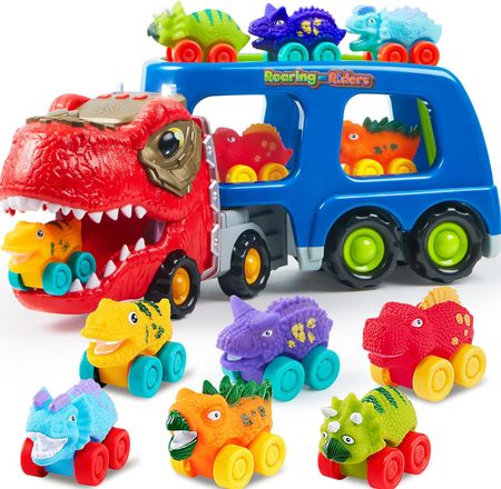 JOYFY Dinosaur Truck Toy Car Carrier Truck Toy with 6 Rubber Car Vehicles for Toddler 3-8 Years Birthday Christmas Gifts