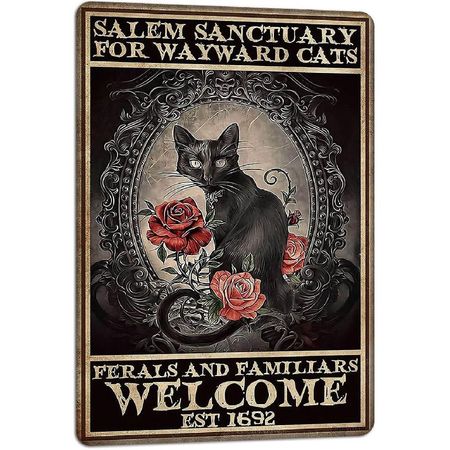 PAIION Salem Sanctuary For Wayward Cats Halloween Black Cat Halloween Decor Cat Lover Metal Signs Vintage Poster Home Bedroom Wall Art Gift 8x12