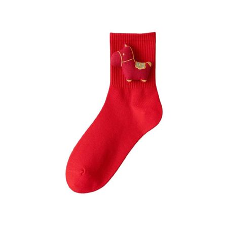 Yuanbao Year of The Horse Socks Cartoon Pony Red Cotton Socks Soft New Year Tube Socks  Gift StyleA EU36-40