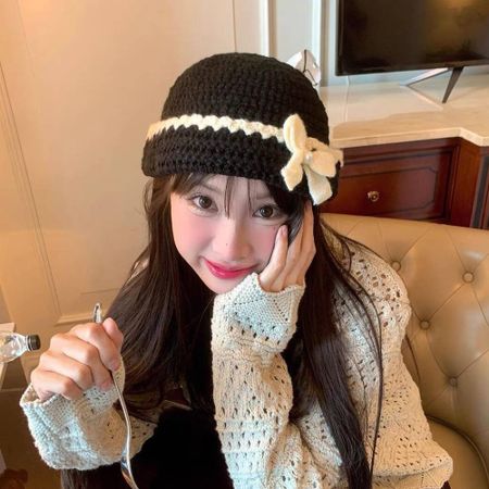 Handmade Flower Weave Cap Hollow Out Bowknot Beanies Hat  Apparel Accessories Style1