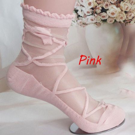 Summer Frill Trim Lace Flower Breathable Sheer Mesh Bowknot Transparent Glass Silk Socks розовый