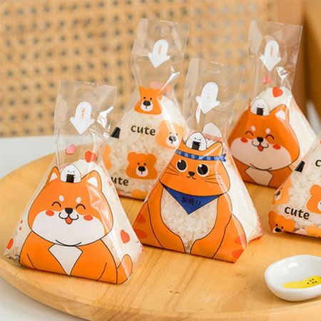 100Pcs Disposable Rice Ball Wrapper Cartoon Pattern Sushi Bag Triangle Rice Ball Packing Bag  School Cat&Dog