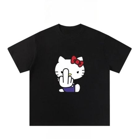 Американская футболка с забавным принтом Hello Kitty 2025, женская, мультяшная, трендовая, больших размеров, свободная, повседневная, с коротким рукавом S чёрный