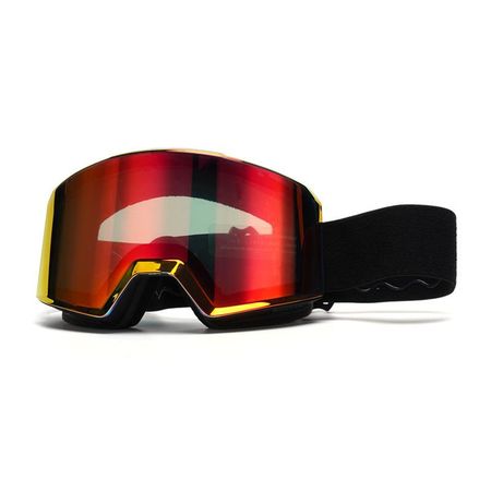 Magnetic ski goggles for outdoor cycling, large cylindrical lenses, compatible with prescription glasses, double-layer anti-fog Black frame with red lens
