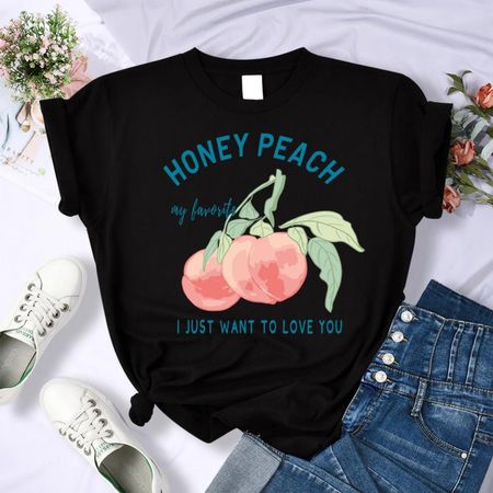 Honey Peach I Just Want To Love You Illustration Print Womens T Shirts Hip Hop Casual T-Shirt Summer Y2K Female Streetwear S чёрный