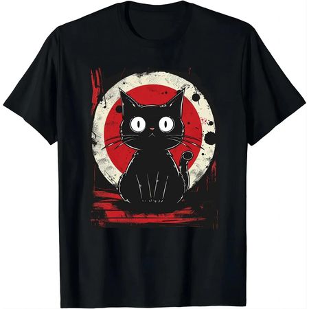 Милый кот Японский черный аниме кот Футболка Милая кошачья одежда Женские топы Графическая футболка Женская одежда Топ Y2k Графические футболки S чёрный