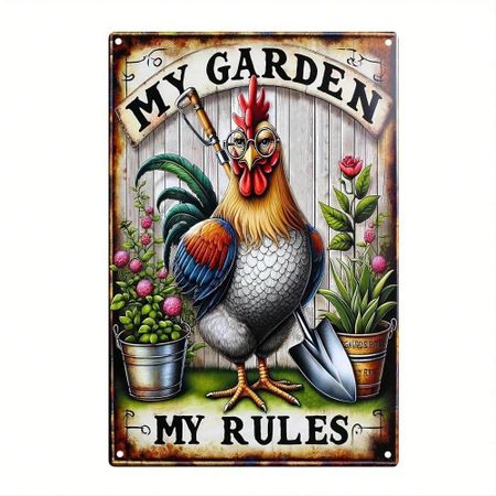 Vintage Gardener-Centric Metal Sign  My Garden My Rules  Rooster Design Outdoor Garden Decor Statement Accent 20x30cm（7.8x11.8inch）