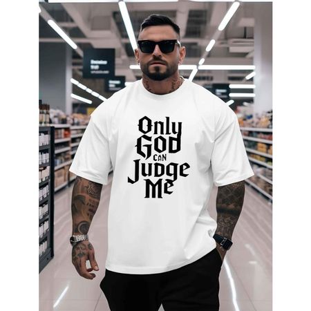 European Size Men S Oversized T-Shirt with Gothic Letter Print _Only God Can Judge Me_ In Black and White _ Casual Street Style, Breathable S чёрный