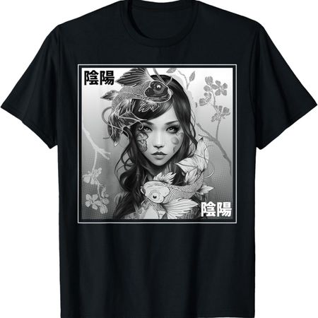 Yin Yang Koi Fish Gothic Emo  Cherry Blossom T-Shirt S чёрный