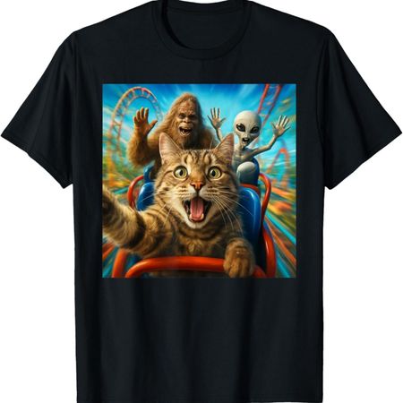 Funny Cat Selfie with Big Foot & Alien Roller Coaster Meme T-Shirt S чёрный