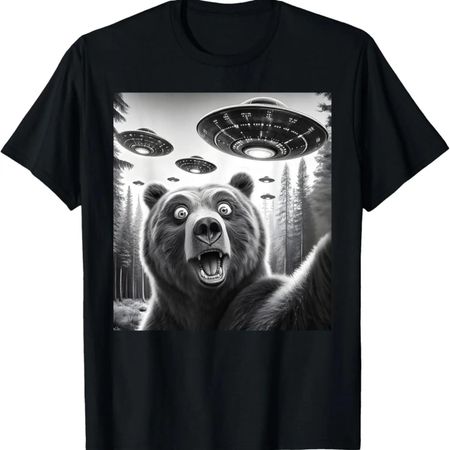 Bear UFO Funny Bear Selfie with UFOs Alien Men Women T-Shirt S чёрный