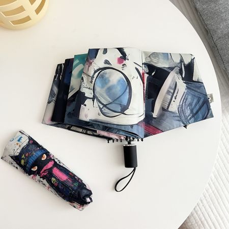 Doodle Cat Umbrella UV Black Glue Sun Umbrella Sun Rain Dual Use Auto Open Three Fold Umbrella Student Sun Proof Sun Shade Iron&8K