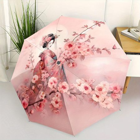 A Figure in a Kimono Amidst Blooming Pink Cherry Trees. This Compact Folding Umbrella Is a Versatile Outdoor Item Suitable for Any Season, M