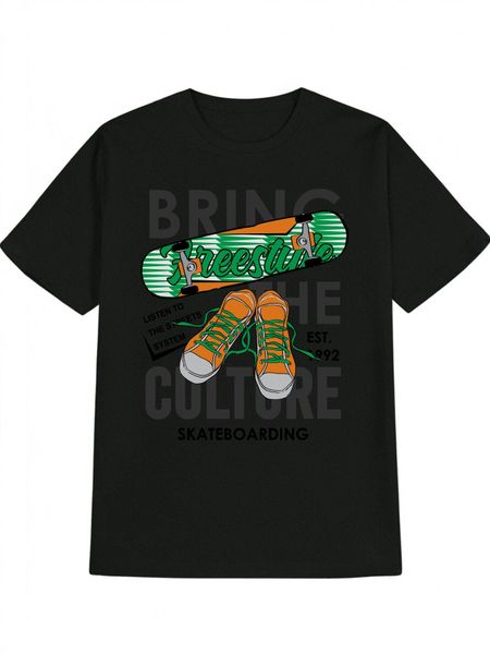 Skateboard Graphic T-shirt - Black Casual Round Neck Tee with  Bring the Culture  Slogan & Sneaker Print S