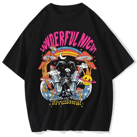 Wonderful Night Skeleton Butterfly Wave Fashion Print Womens TShirts Oversized Tops Street Clothing Retro Cotton TShirt Tee S
