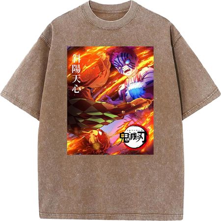 Demon Slayer Tanjirou Akaza Printed Tshirt Unisex Washed Cotton Tshirts Oversized Streetwear Unisexga Vintage Tee Harajuku M