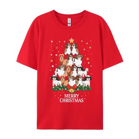 Xmas ShihTzu Dog Tree For Girls Tshirt ShihTzu Print T Shirts Cute Pattern Tee Shirts Unisex Cotton Comfy Tops Clothes S