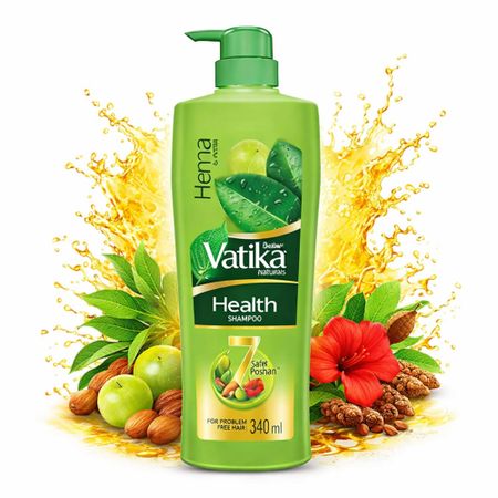 Шампунь Dabur Vatika Naturals Health - 640 мл | 7 натуральных экстрактов трав | Содержит хну, амлу и гибискус | Контроль выпадения волос на 90% | Ежедневный шампунь