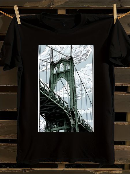 St. Johns Bridge Anime Tshirt Anime-Style Print Black Tshirt XXXL