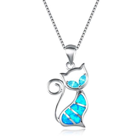 Trendy Elegant Gift Fashion Cat Pendant Earrings Jewelry Opal Necklace Chain 1-Necklace