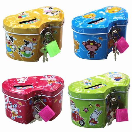 Cartoon Print Design Tinplate Piggy Bank With Lock and Key Kids Storage Jar  Children s Day Gifts style 4-random