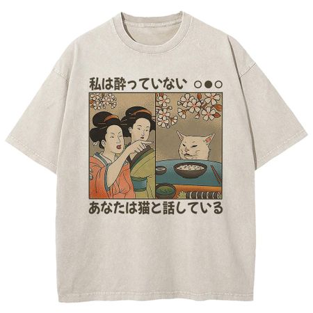 benber vintage style Cotton Tee  Funny Japanese Style Cartoon Cat Ts Retro Menwomen T Vintage Oversize Mineral Wash s S