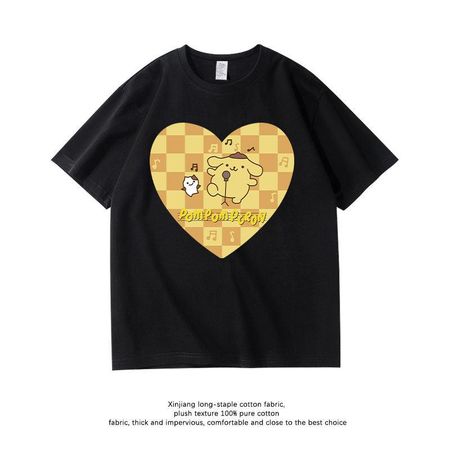 New Black Childrens Tshirt with Sanrio Pudding Dog Pure Cotton Cartoon Print 2026 Fashionable Loose Parentchild Outfit Top S