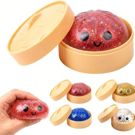 1PC Glitter Color Changing Dumpling Squishy, Soft TPR with Smiley Face & Bamboo Steamer. 4 colors, cute funny toy for stress, anxiety & boredom relief красный