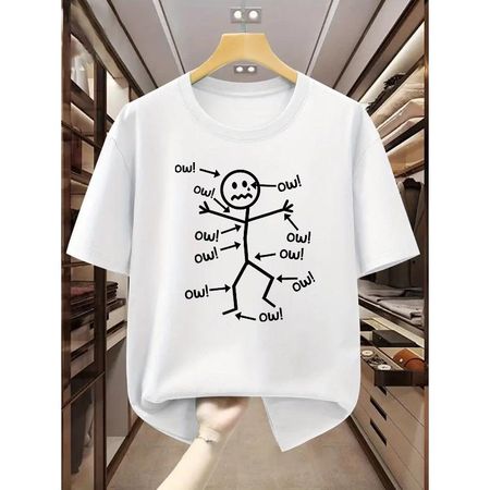 European Size Comfortable Short-Sleeved T-Shirt for Summer with a Round Neck, Featuring a Stick Figure In Pain with The Print  Ow!  S разноцветный