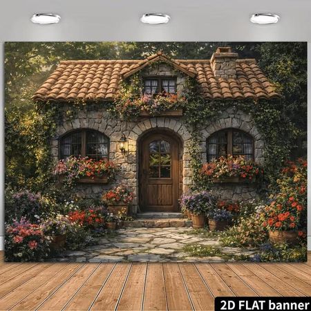2D Cozy Cottage Backdrop, Stone House with Flowers Banner 47.2x31.5inch/120*80cm