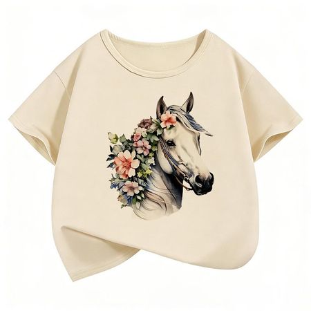 Fashion Horse with Flower Design TShirt Printed T Shirt Girls Summer Clothes Short Sleeve Tops TShirts Cute Girls Clothing 110